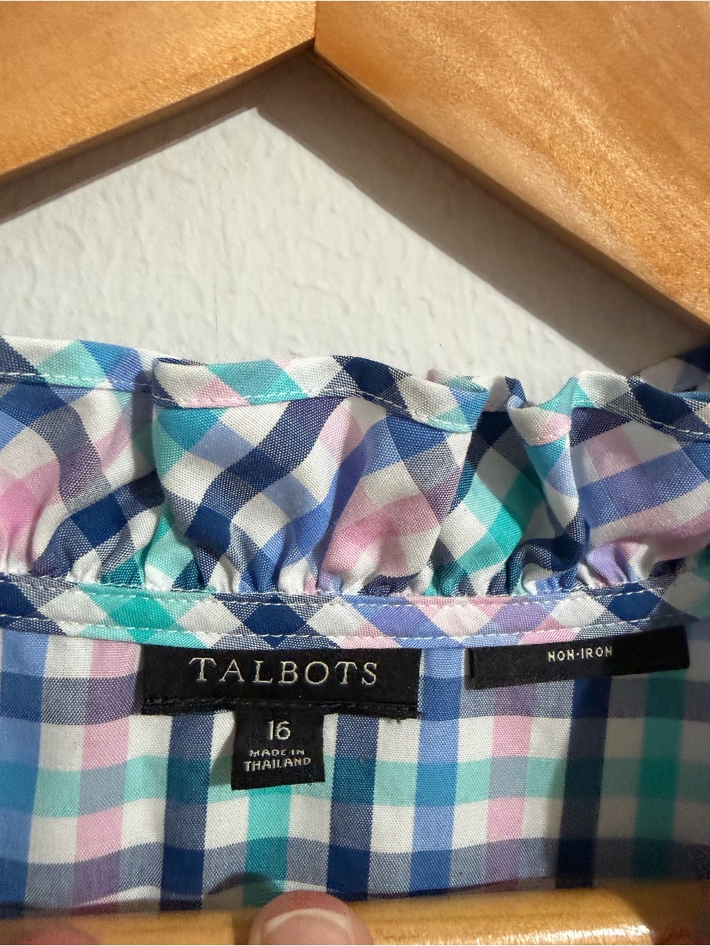 Talbots Blue Pink Plaid Ruffled Collar Tunic Gingham Popover Preppy Size 16 - Picture 8 of 8